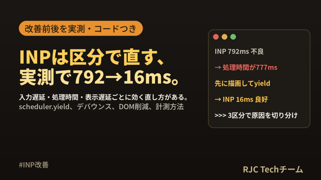 INP改善の方法｜Core Web Vitalsの原因別コードと改善前後の実測値