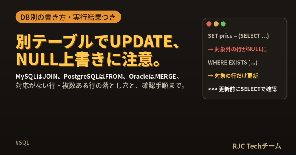 SQLで別テーブルの値を使ってUPDATEする方法【DB別】
