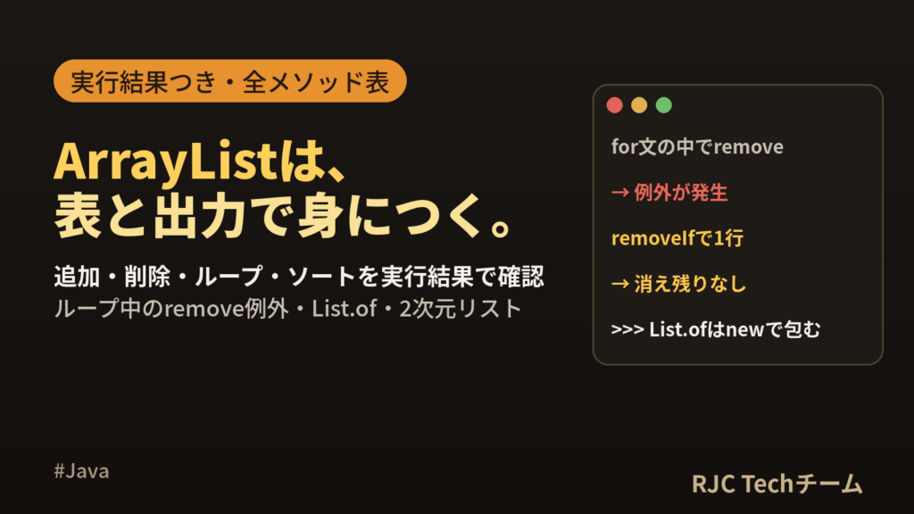 Java ArrayListの使い方｜追加・削除・ループ・ソートを実行結果で