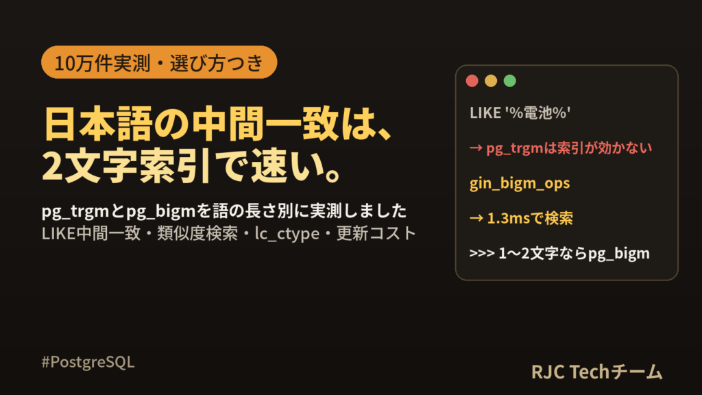 PostgreSQL日本語全文検索｜pg_trgmとpg_bigmの速度比較と選び方