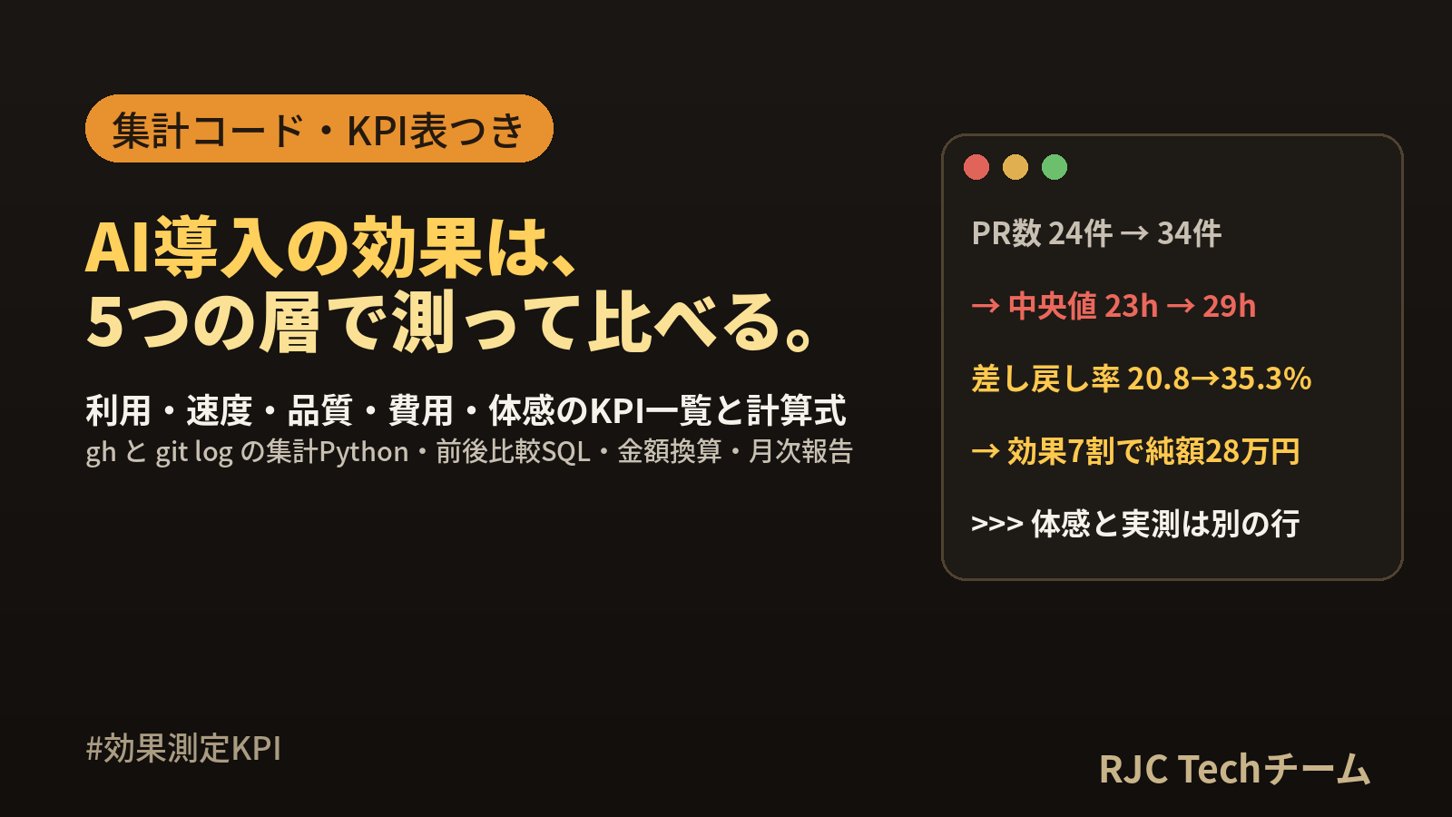 生成AI導入の効果測定KPI｜開発チーム向け指標一覧と計算式・集計コード