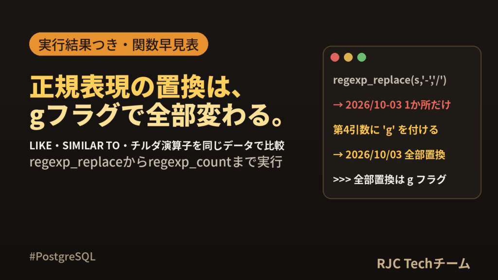PostgreSQL正規表現の使い方｜regexp_replaceと~演算子