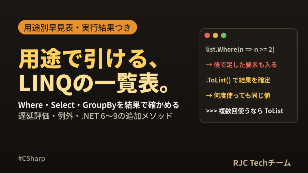 C# LINQの使い方一覧｜Where・Select・GroupByを実行結果つきで