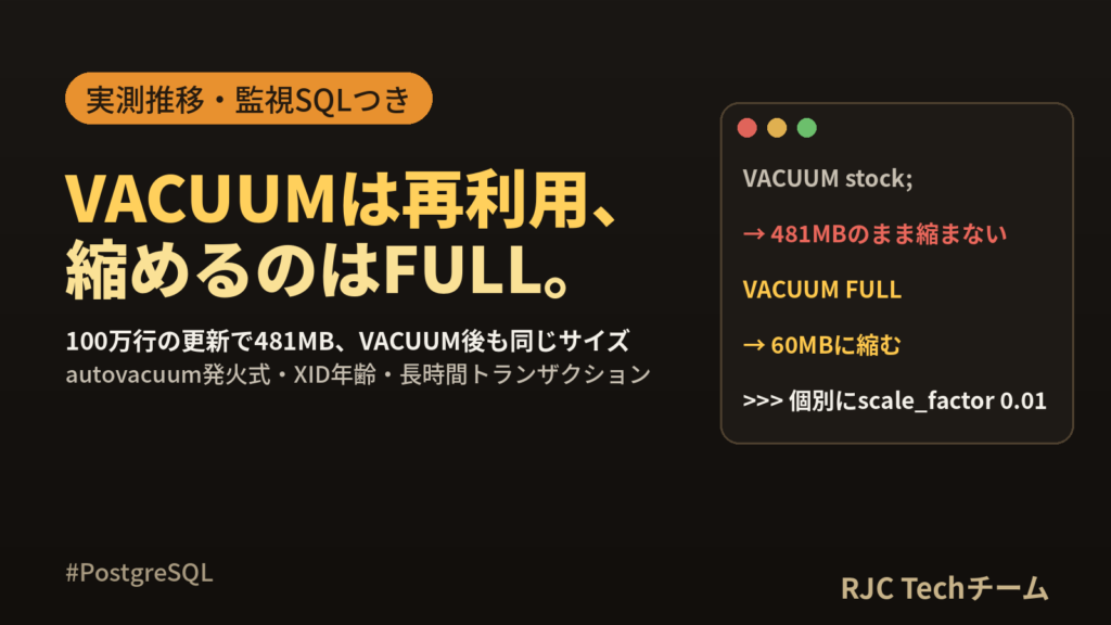 PostgreSQLのVACUUMとautovacuum｜監視SQLと設定値の目安