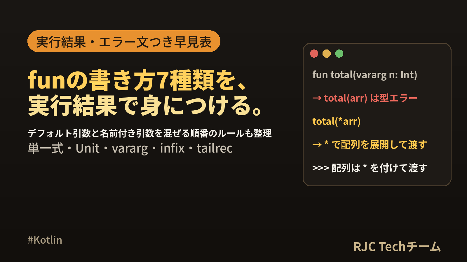 Kotlin関数の書き方 fun・デフォルト引数・名前付き引数・vararg