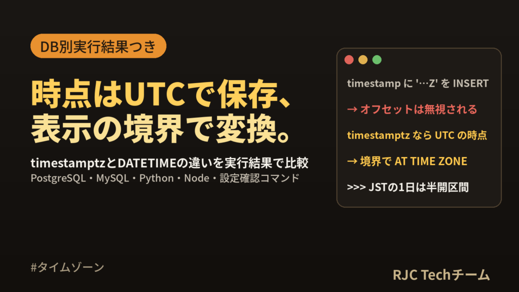 タイムゾーン設計｜UTC保存・JST表示をDB別実行結果で解説