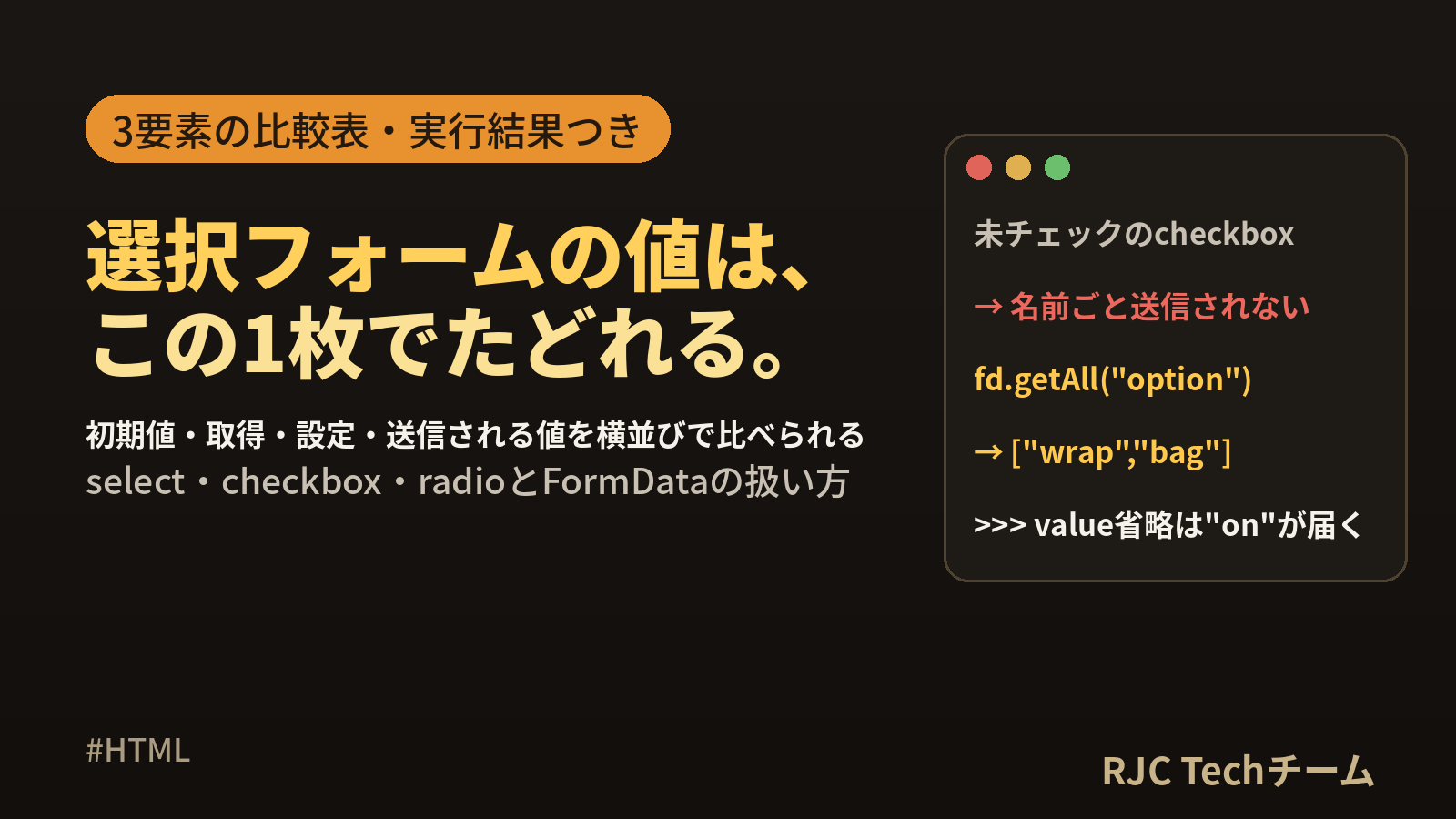 HTML select・checkbox・radioの書き方｜初期値と値取得