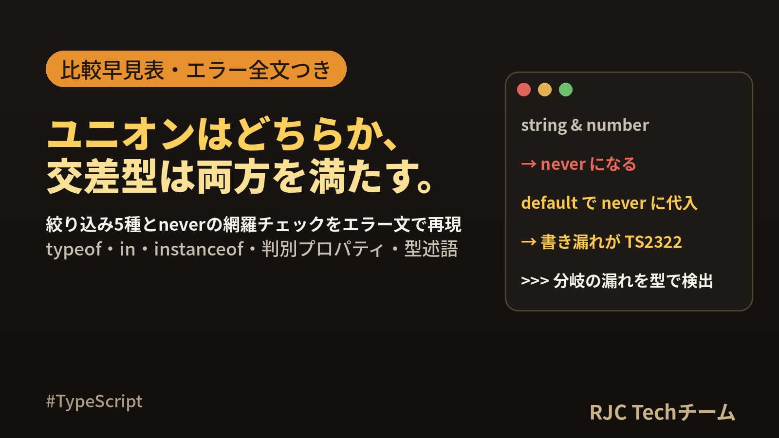 TypeScriptユニオン型と交差型の違い｜|と&の使い方と絞り込み早見表