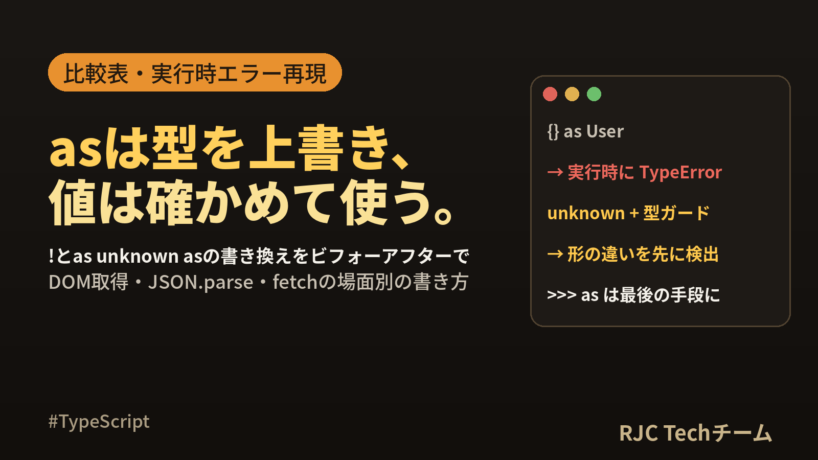 TypeScript型アサーションasの使い方｜!とas unknown as