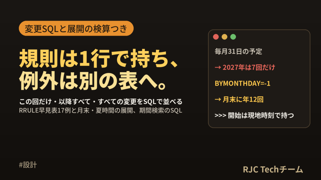 繰り返し予定のDB設計｜RRULEと例外日のテーブル例とSQL