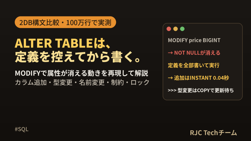 ALTER TABLEでカラム追加・型変更｜MySQL・PostgreSQL比較