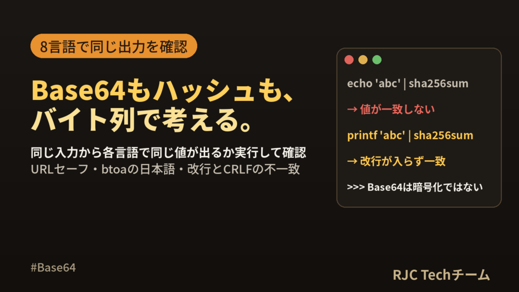 Base64エンコード各言語コード一覧｜sha256ハッシュのコマンド早見表