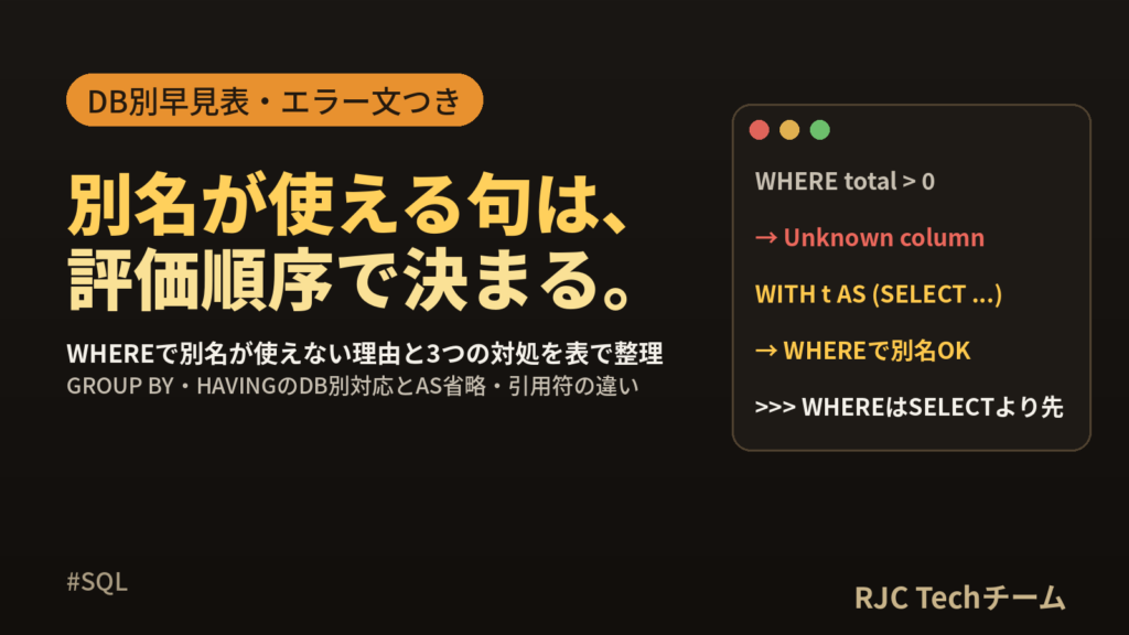 SQL ASで別名をつける使い方 WHEREで別名が使えない理由と対処