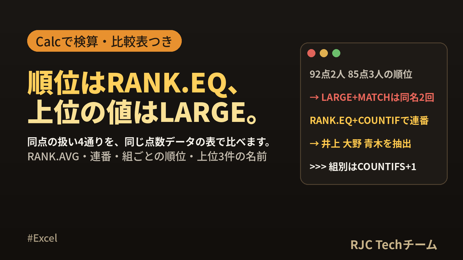 Excel順位関数RANKの使い方｜同順位と上位3件の抽出