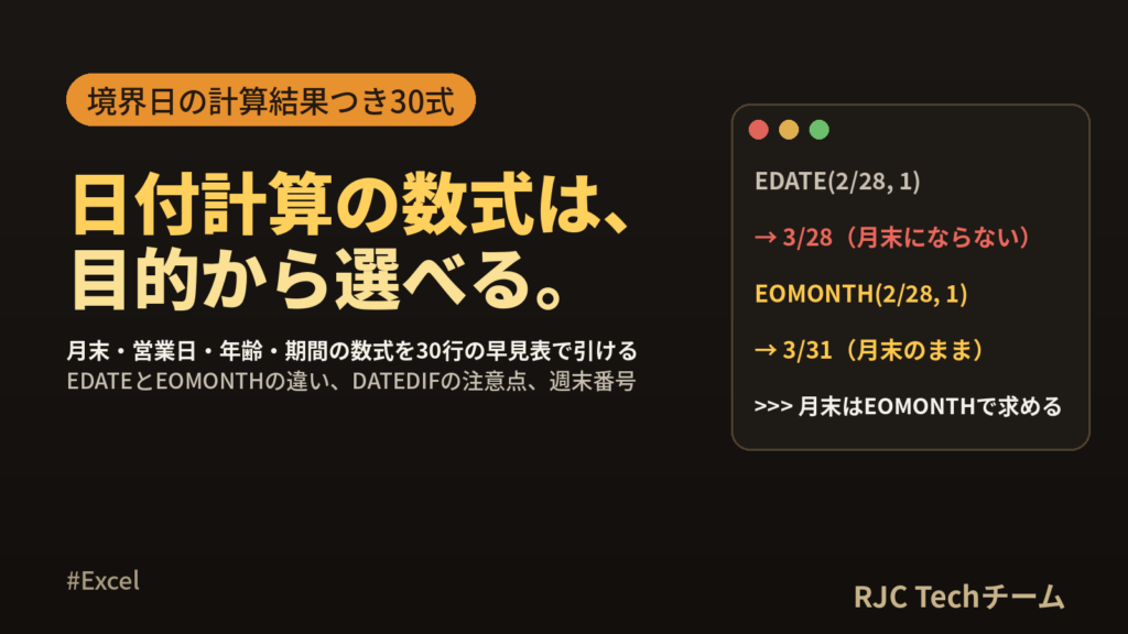 Excel日付計算の関数一覧｜月末・営業日・年齢・期間の数式早見表