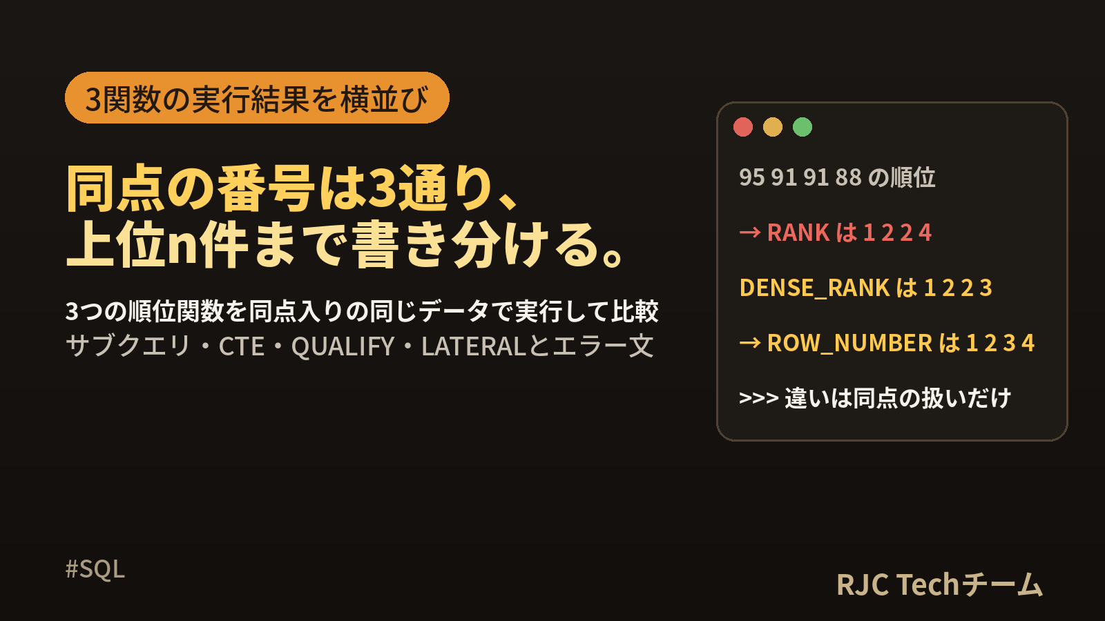 SQL ROW_NUMBER・RANK・DENSE_RANKの違いと上位n件取得