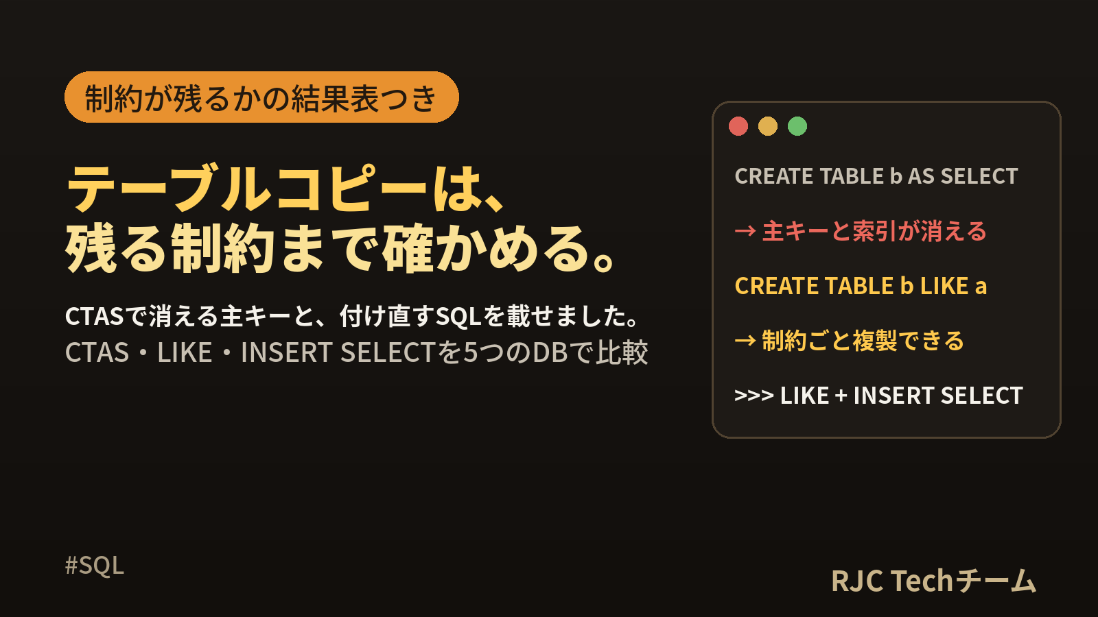 SQLテーブルコピー｜CREATE TABLE AS SELECTと構造のみ