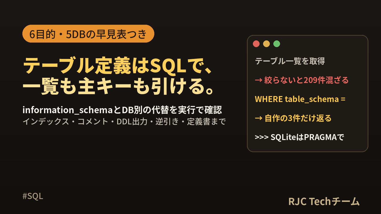 SQLテーブル一覧・カラム一覧の取得方法｜DB別早見表つき - 株式会社RJC