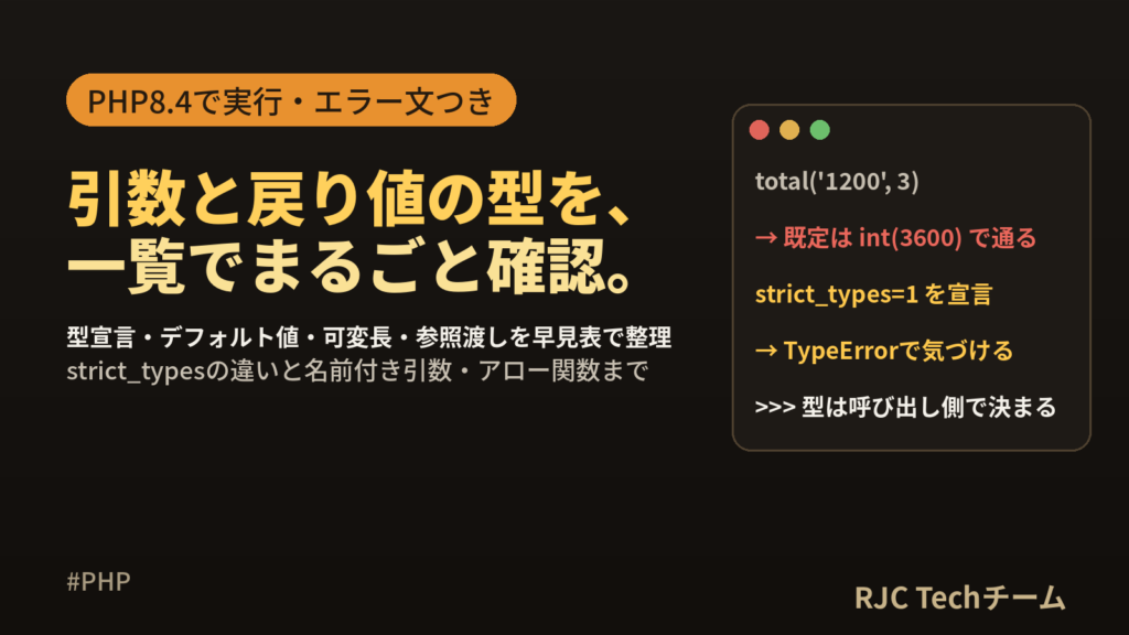 PHP 関数の書き方｜引数・デフォルト値・型宣言・戻り値を一覧で解説